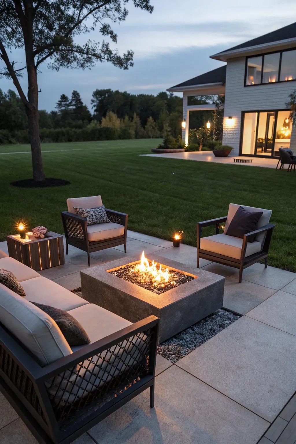 A natural gas fire pit offers convenience and style.