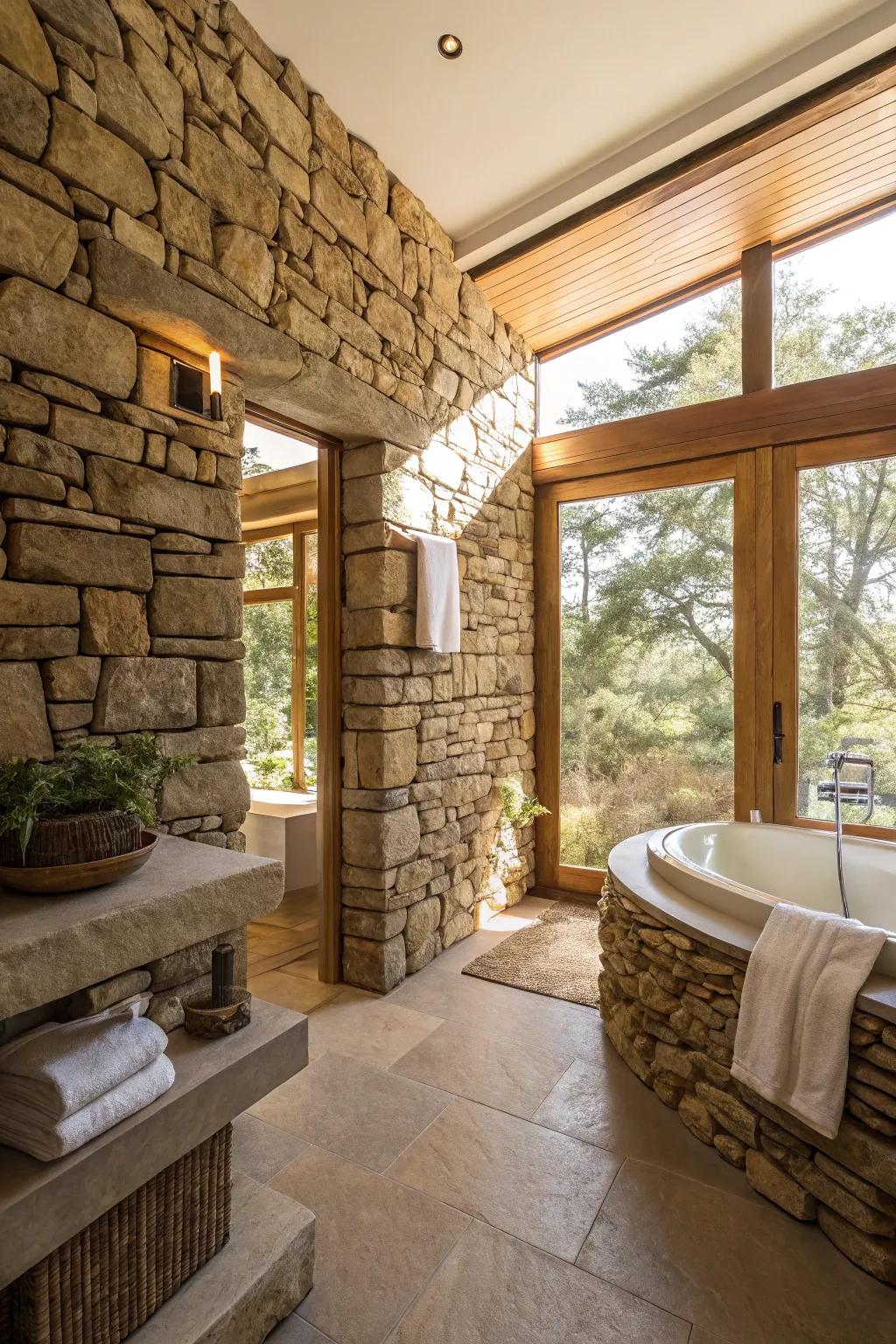 Natural light enhances the texture of stacked stone.