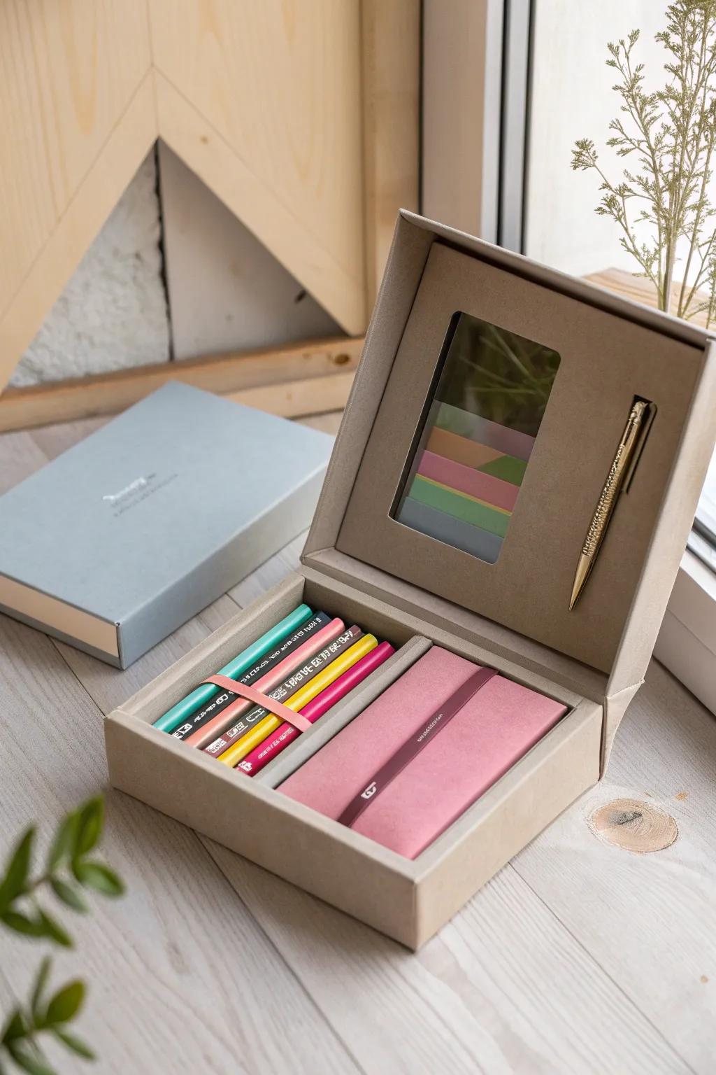 Peek Inside: Discover the vibrant world of stationery through elegant transparency.