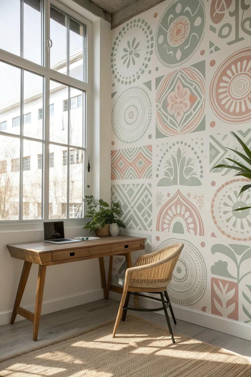 Transform your workspace with eclectic stencil art that sparks creativity and serenity.