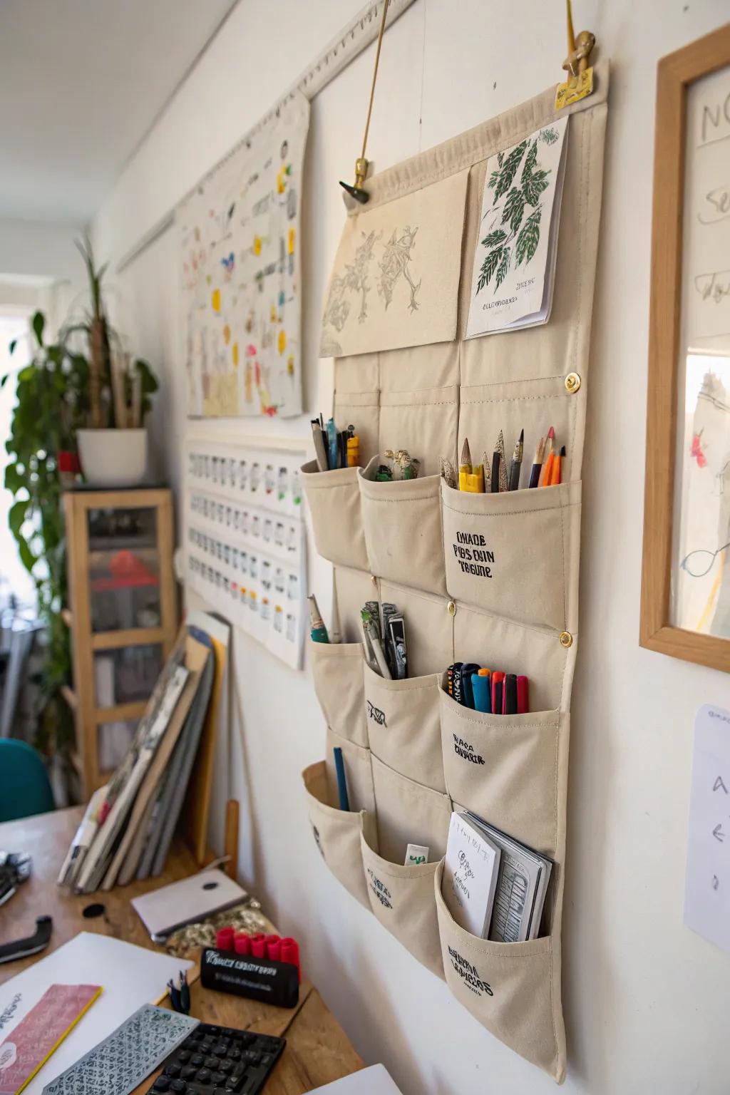 Hanging pockets utilize vertical space for effective stencil storage.