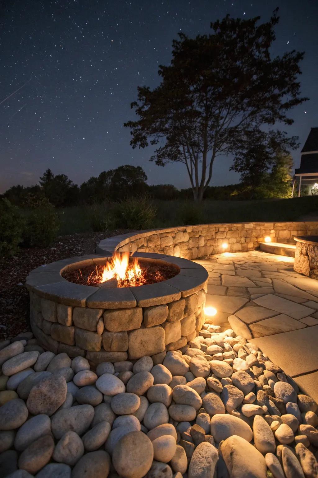 Built-in lighting around the fire pit enhances evening gatherings.