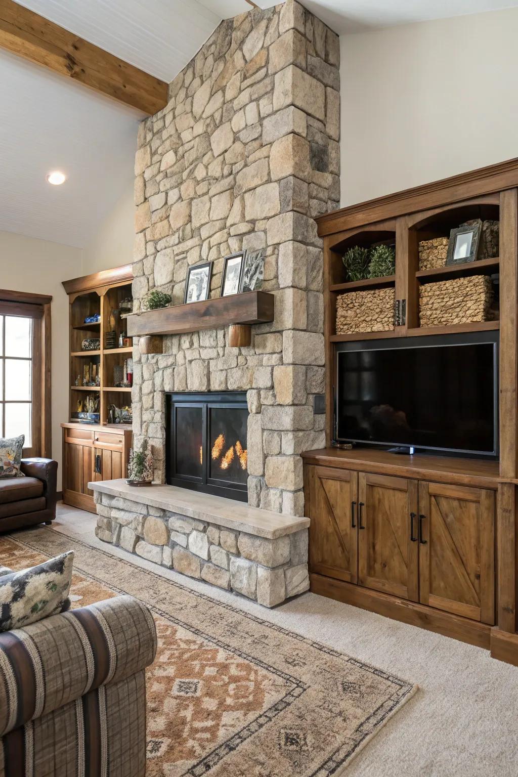 Side storage for firewood adds both function and style to this stone fireplace.