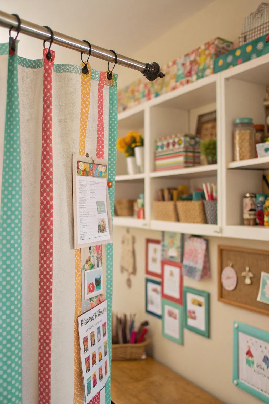 Curtain rod used to display and store bulletin board borders.