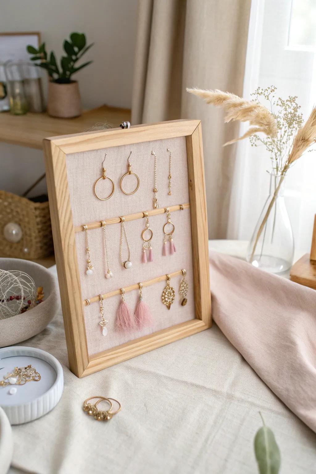 Transform your earring collection into an artful display with a fabric-covered board, seamlessly blending Scandinavian simplicity with boho charm.