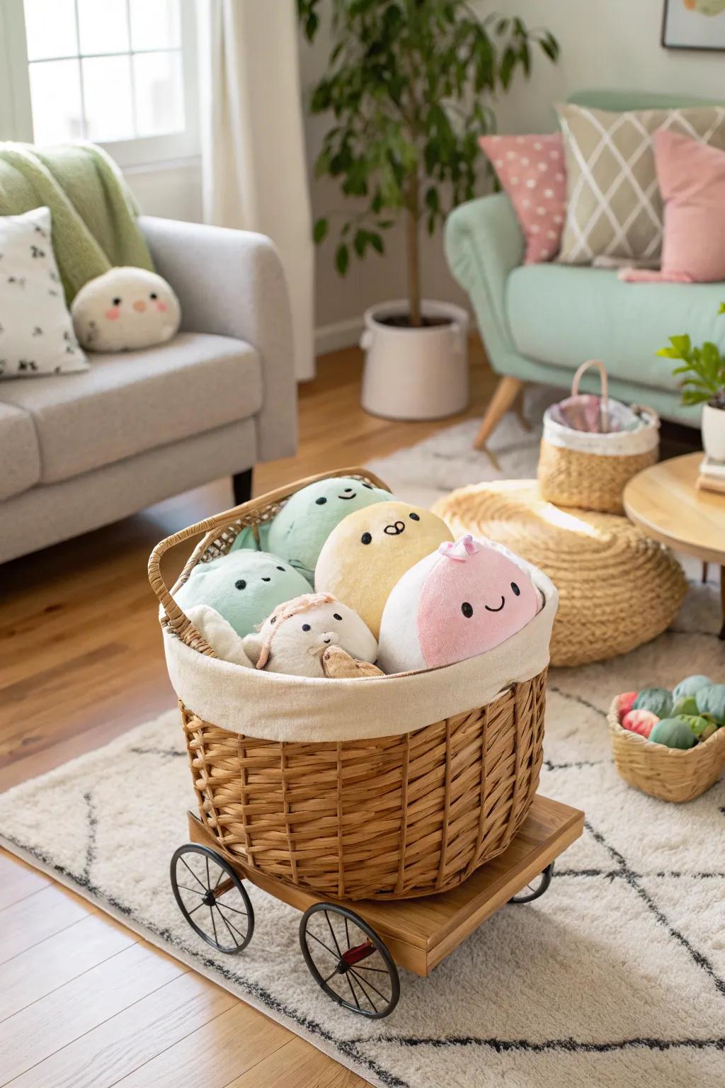 Wheeled baskets offer stylish and mobile storage for Squishmallows.