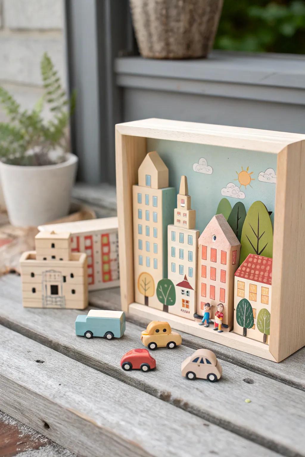 Discover urban tales in a wooden cityscape story box, where craftsmanship meets imagination.