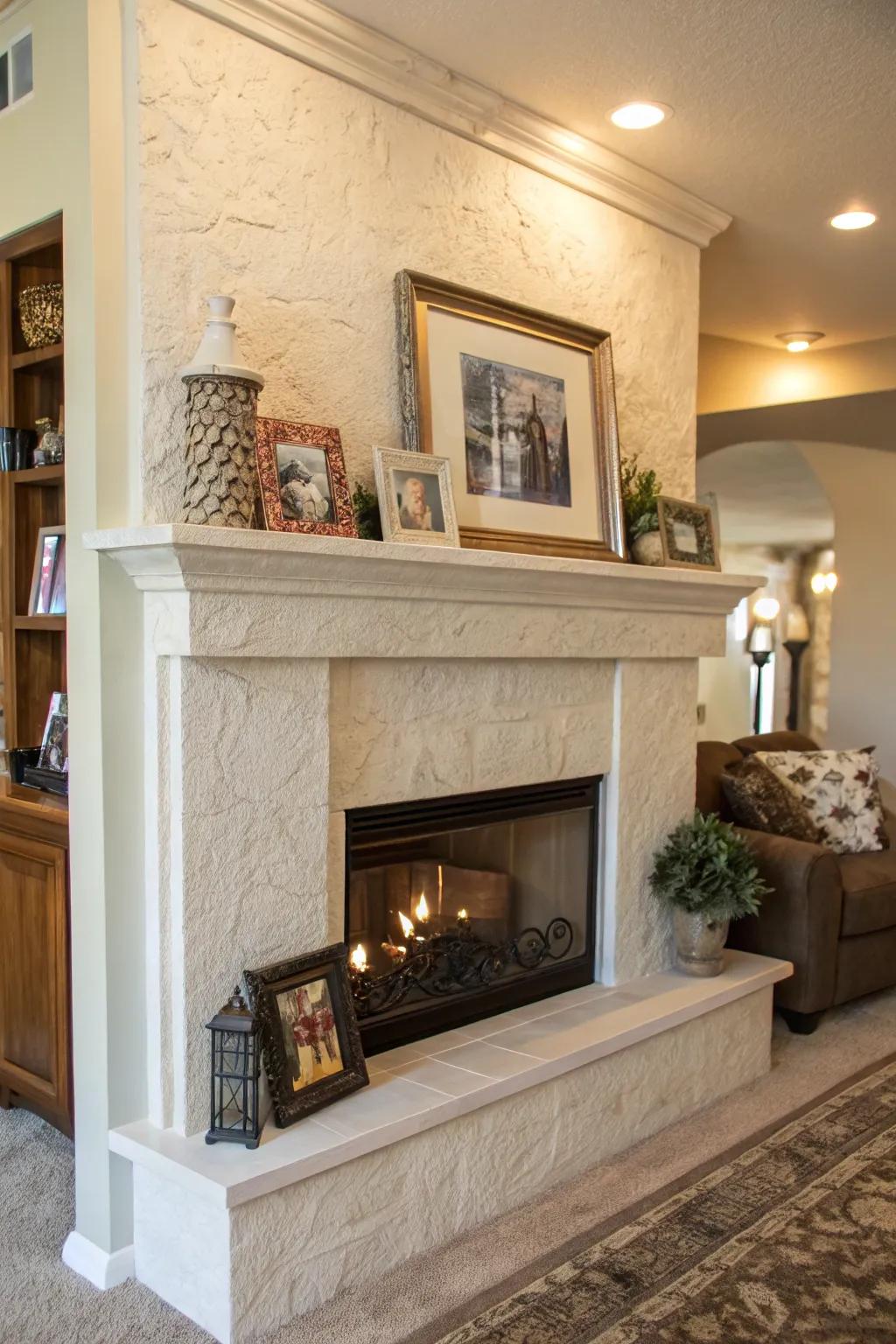 A mantel over a stucco fireplace provides a charming display area.