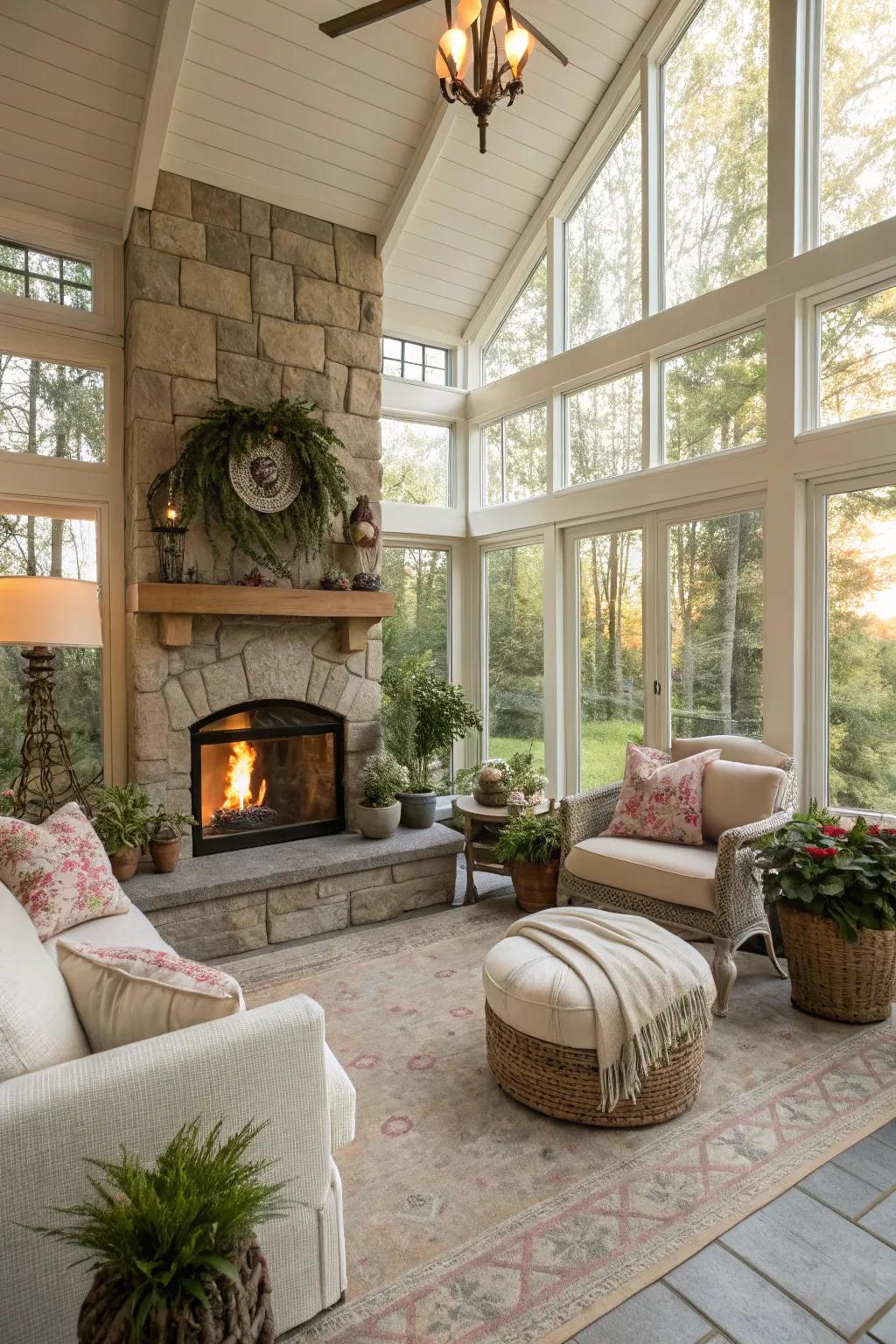 A sunroom featuring a cozy fireplace corner, perfect for warmth and relaxation.