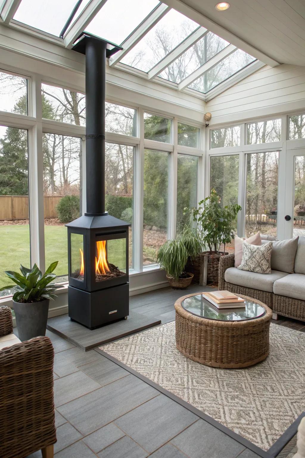 A freestanding ethanol fireplace offering modern style and flexibility in a sunroom.