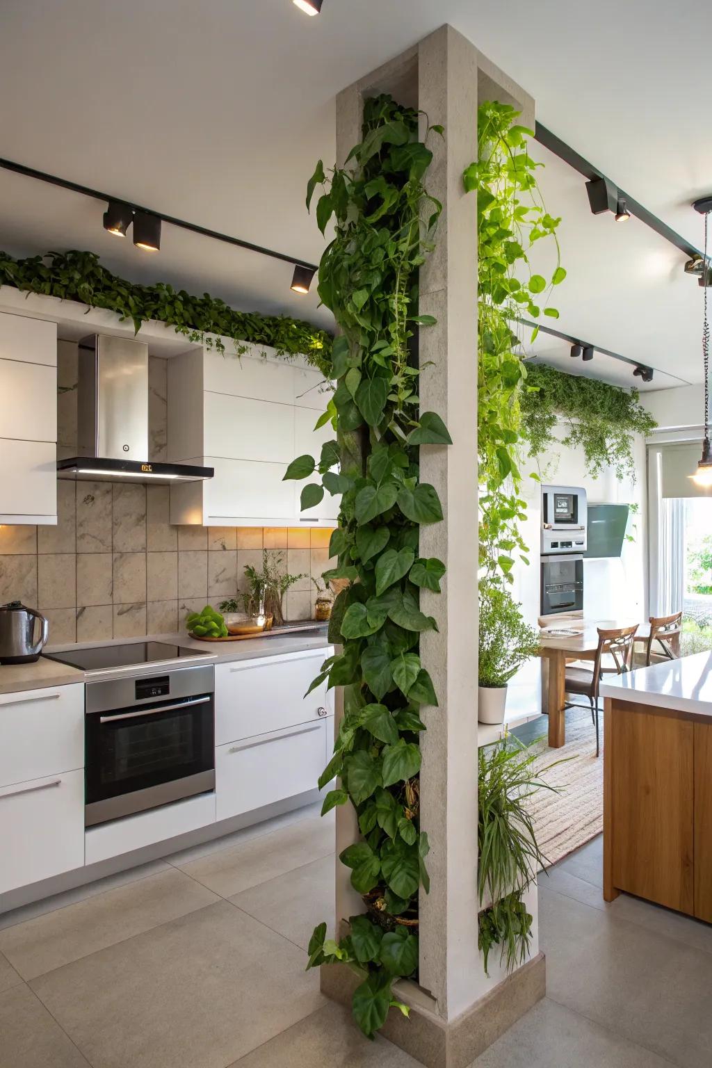 Kitchen beams transformed into a vertical garden for added greenery.