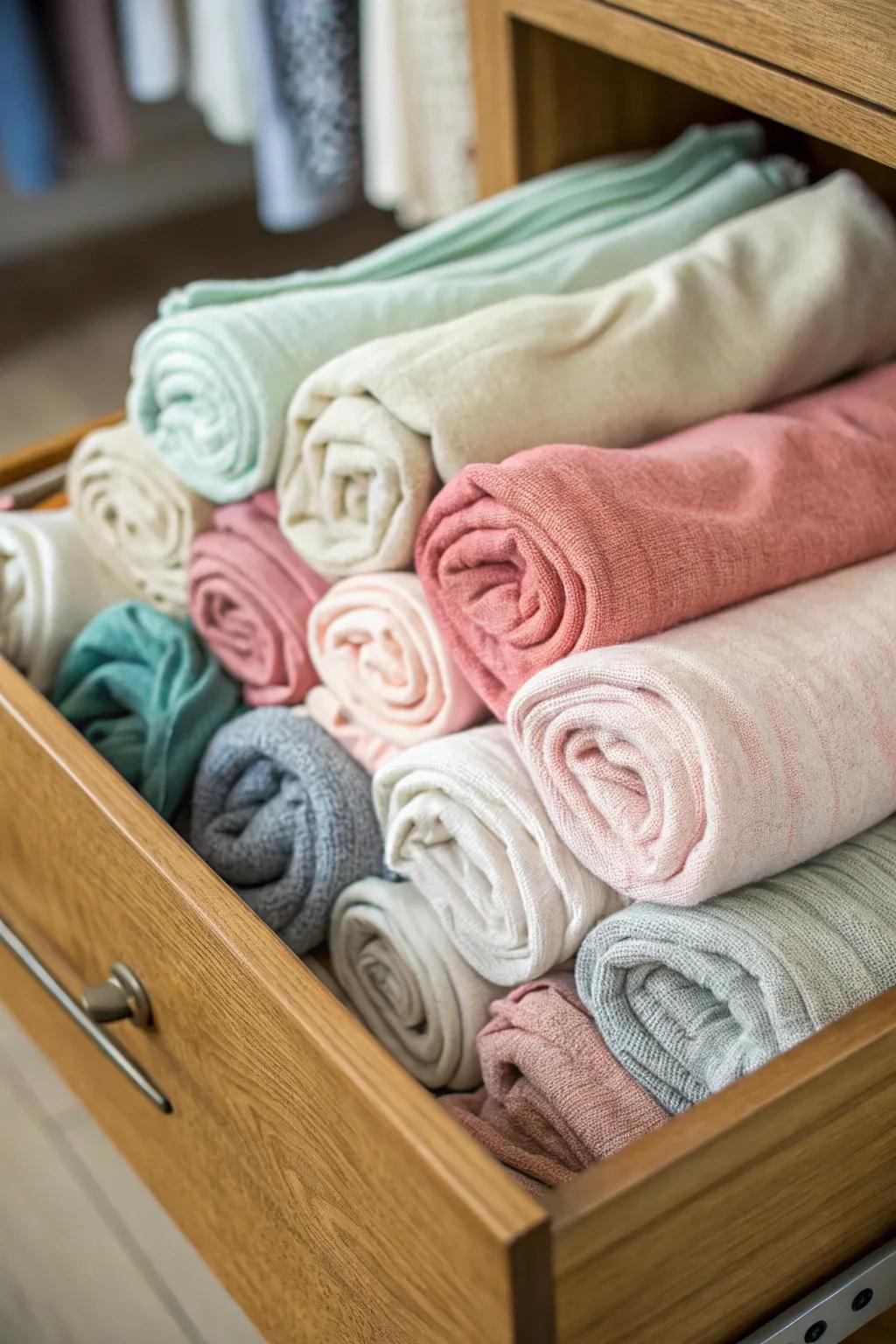 Rolling sweaters helps save space and reduces wrinkles.