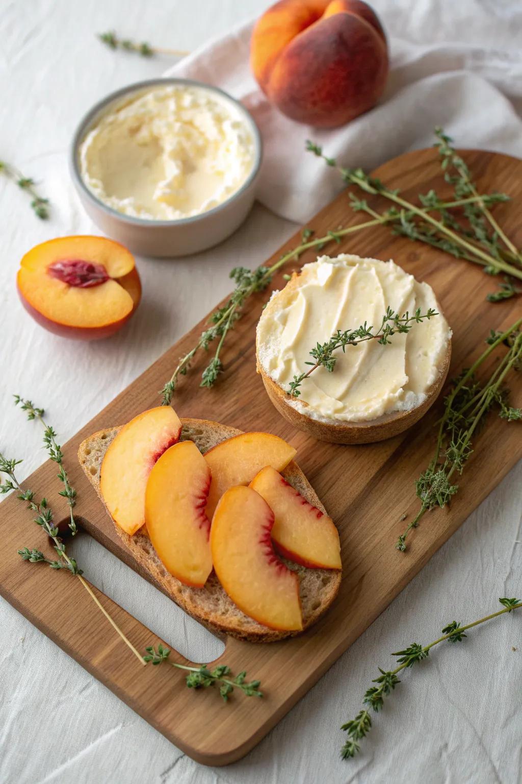 Indulge in the sweet and savory elegance of a Peach and Thyme butter board – a perfect blend of simplicity and natural beauty.