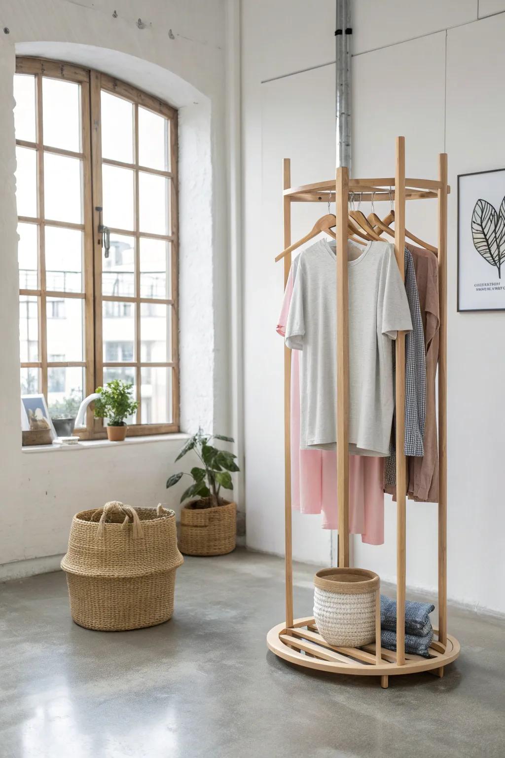 Elevate your wardrobe with a chic rotating rack that adds a playful twist to your t-shirt storage.