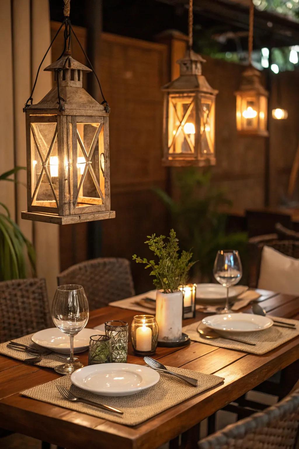 Table lanterns create a cozy, intimate ambiance.