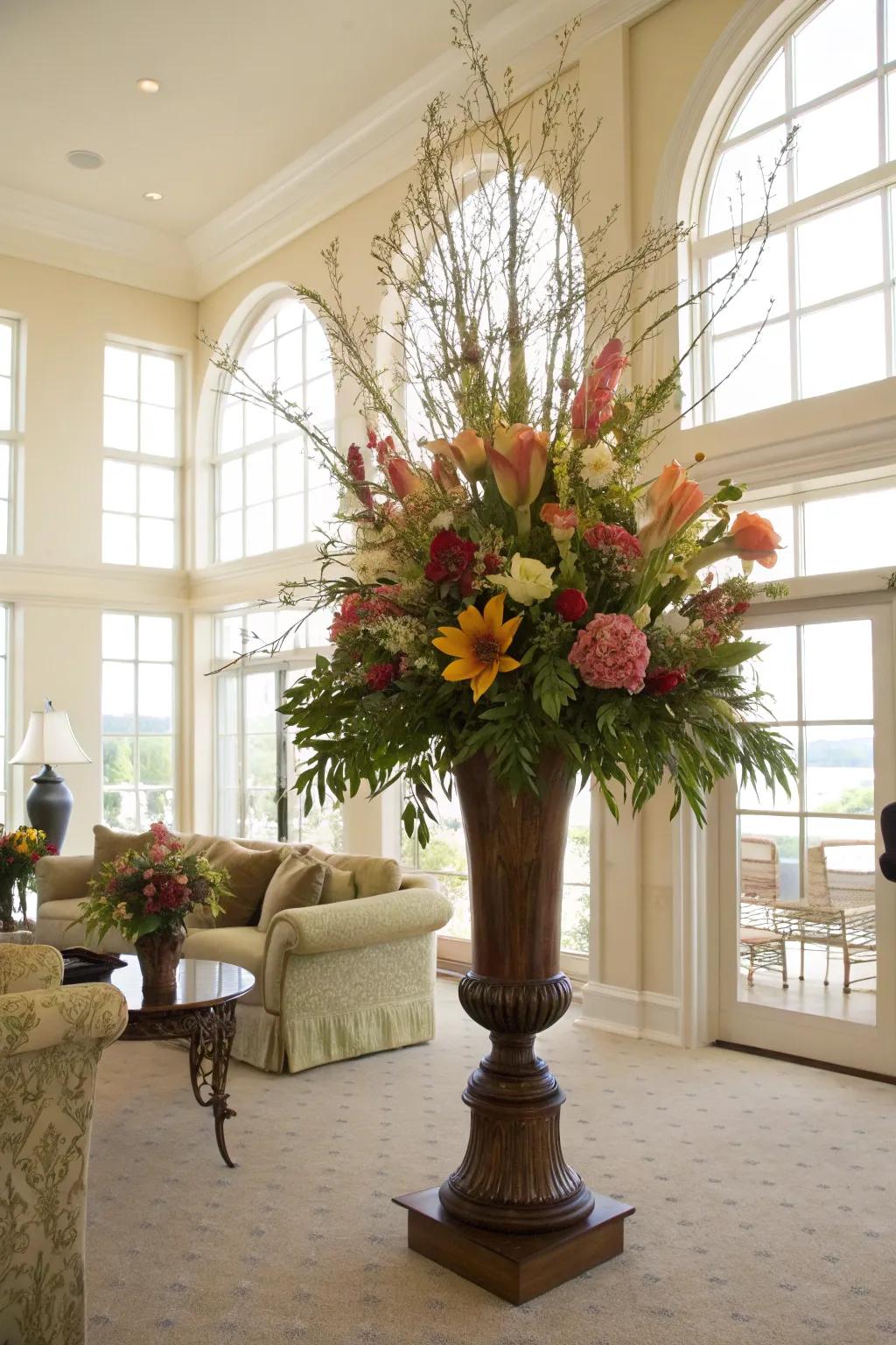 Oversized arrangements add drama and coziness.