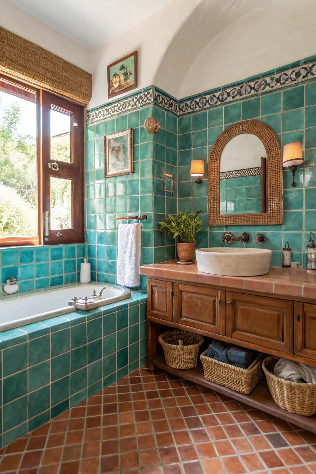 An inviting bathroom blending teal with earthy tones.