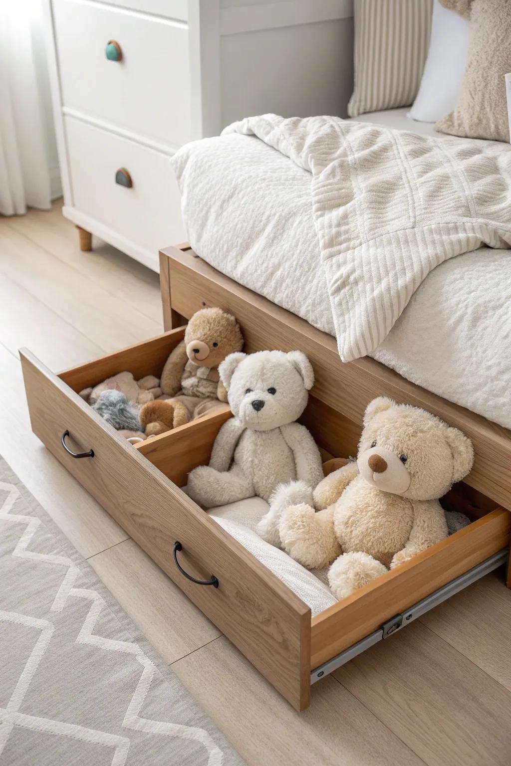 Discover the secret to space-saving elegance with under-bed teddy bear storage!