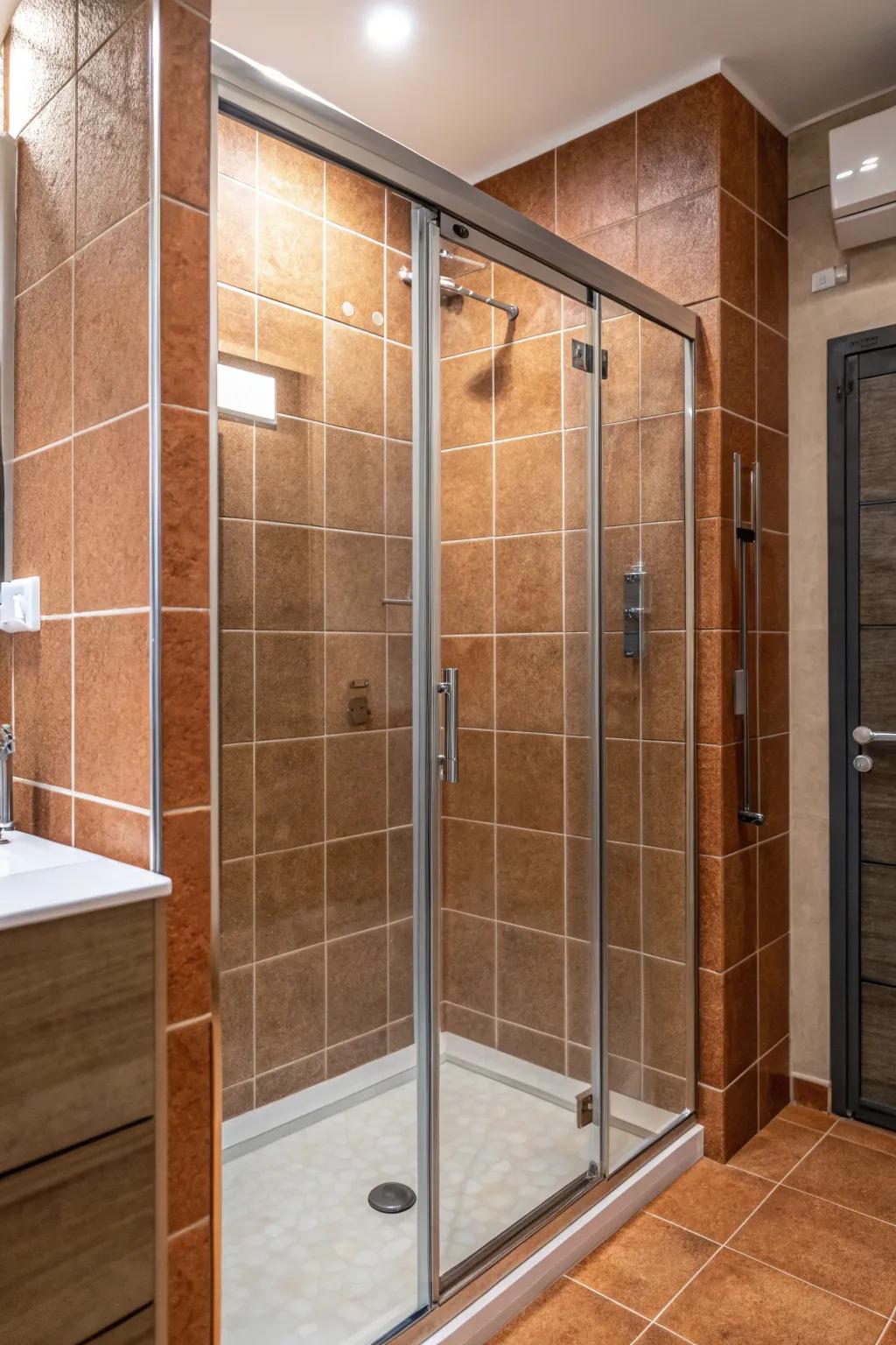 A cozy shower enclosure featuring warm terra cotta tiles.