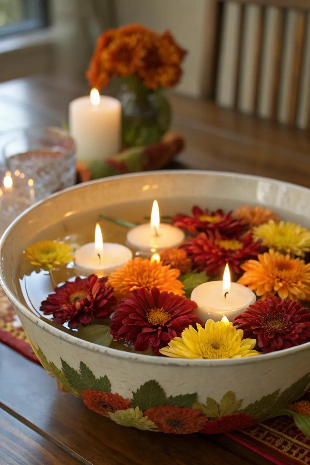 Floating flowers and candles for a dreamy and fragrant Thanksgiving decor.