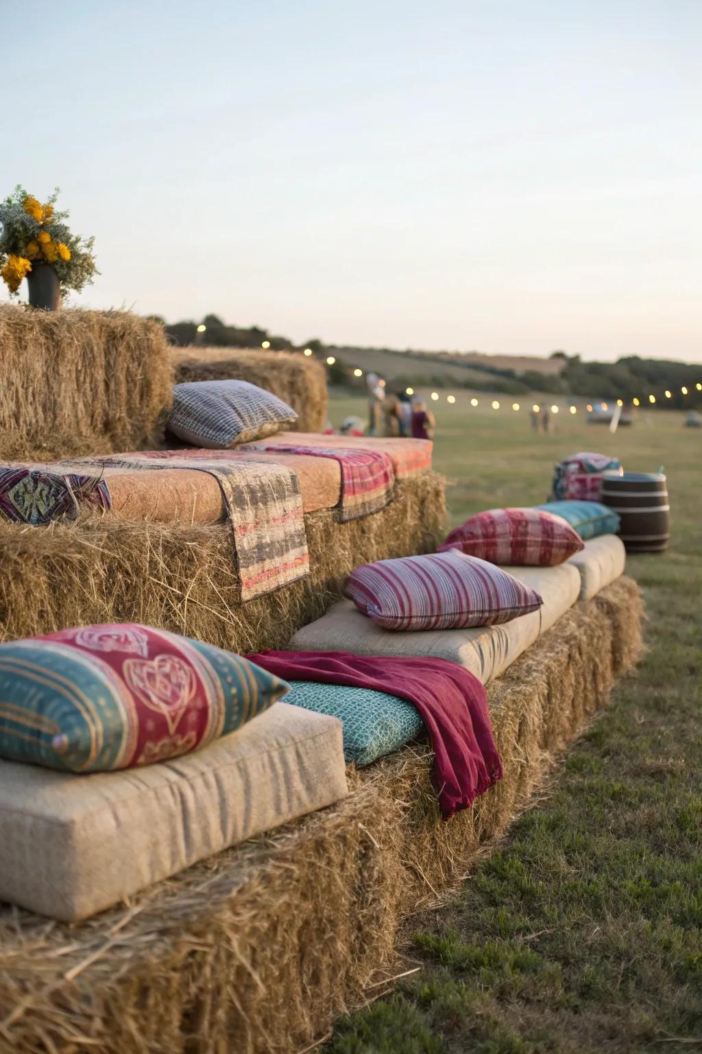 Hay bale seating adds a rustic touch to your décor.