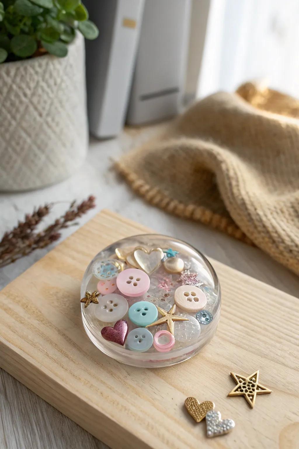 Discover the charm of resin art with vintage buttons and whimsical charms.