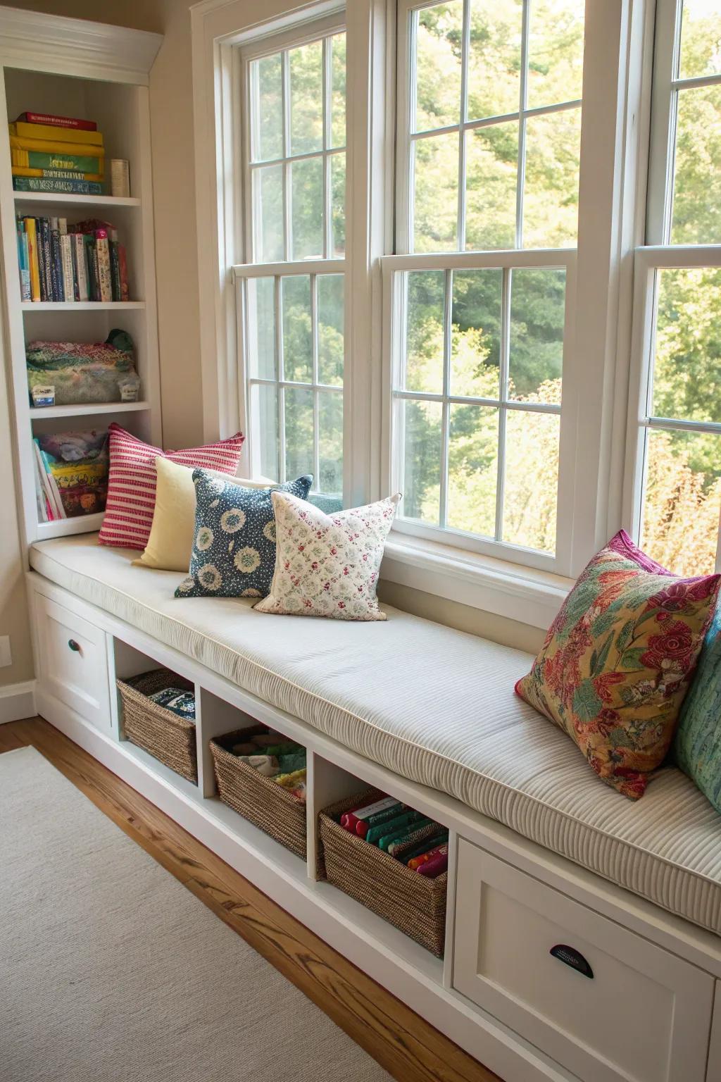 A charming window seat with hidden storage for throw pillows.