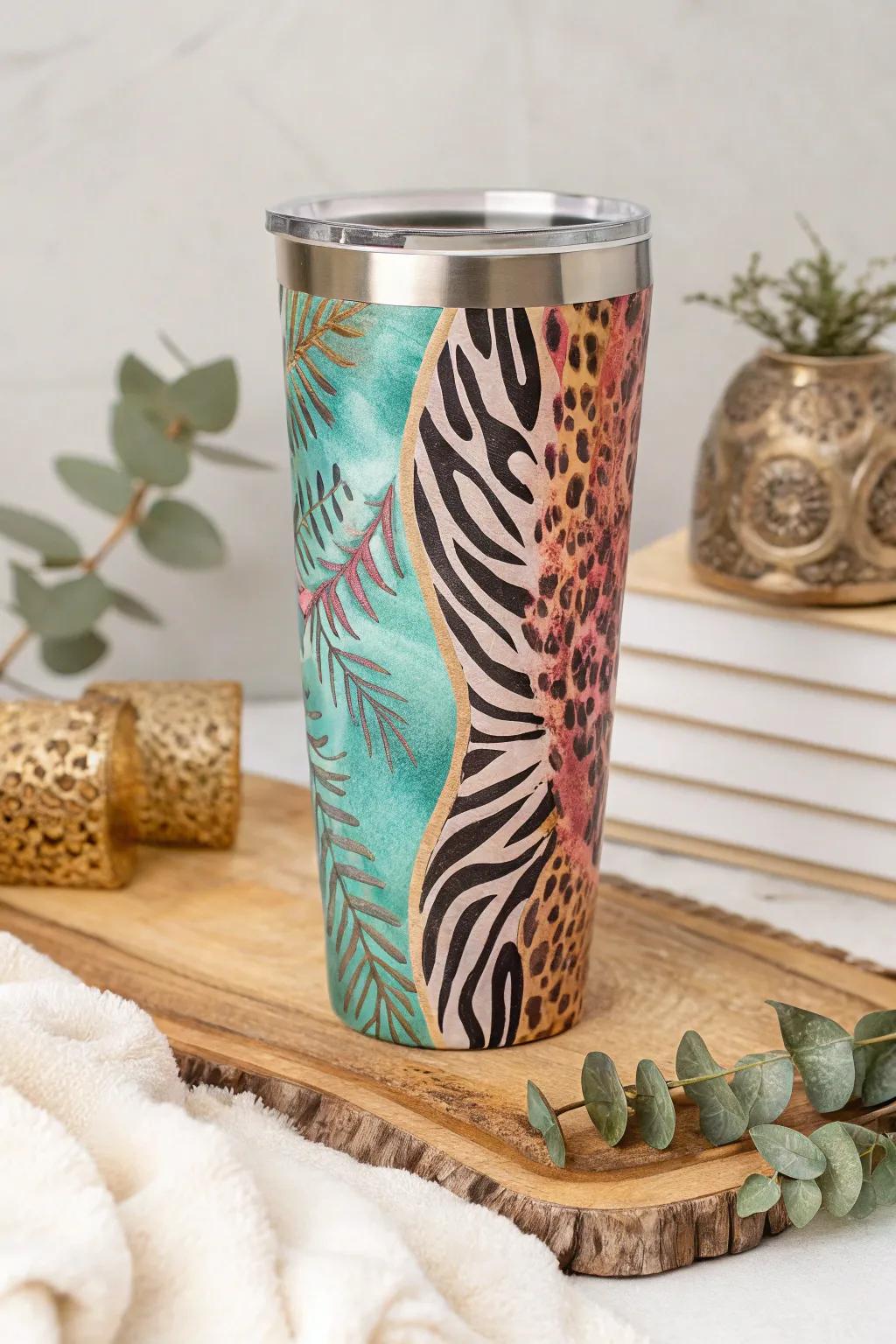 Unleash your wild side with this chic animal print fusion tumbler, where tie dye meets nature's palette.