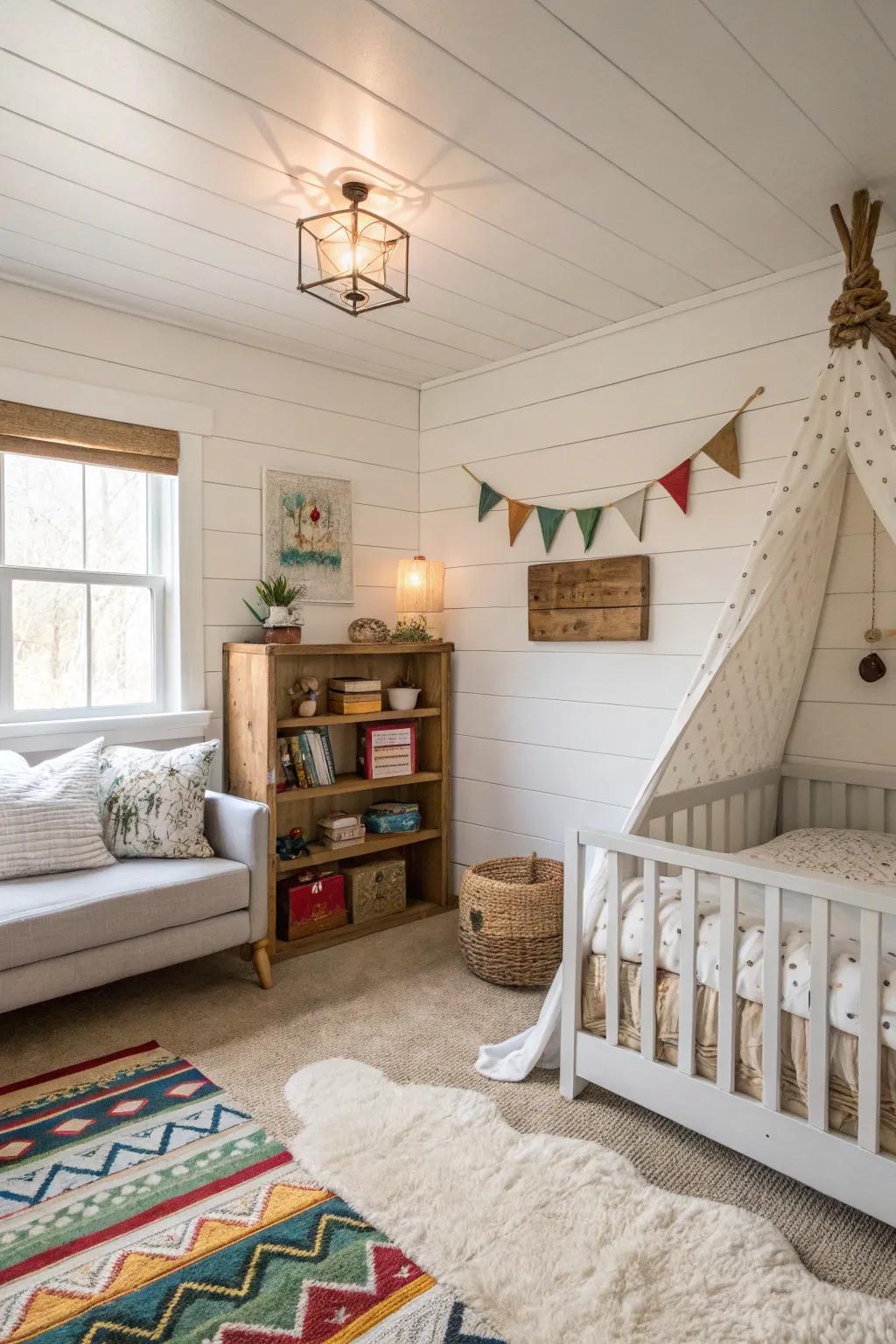 Shiplap adds rustic charm and texture to the room.