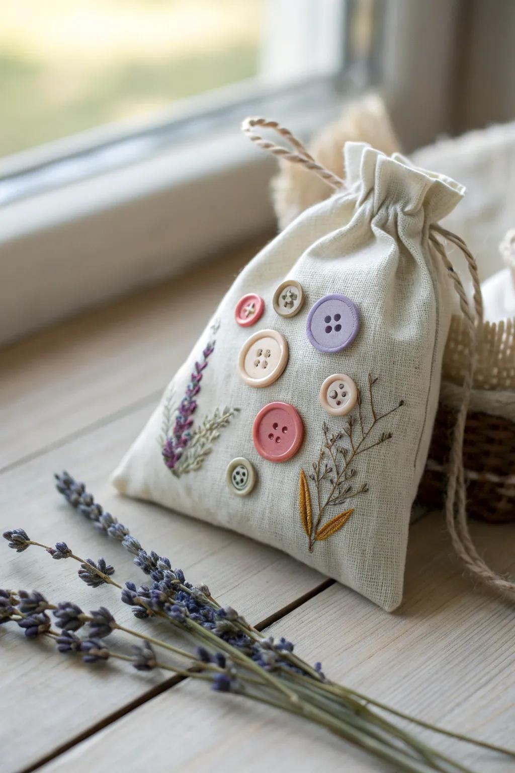Add a playful touch to your tooth fairy bag with charming button accents that celebrate simplicity and natural beauty.