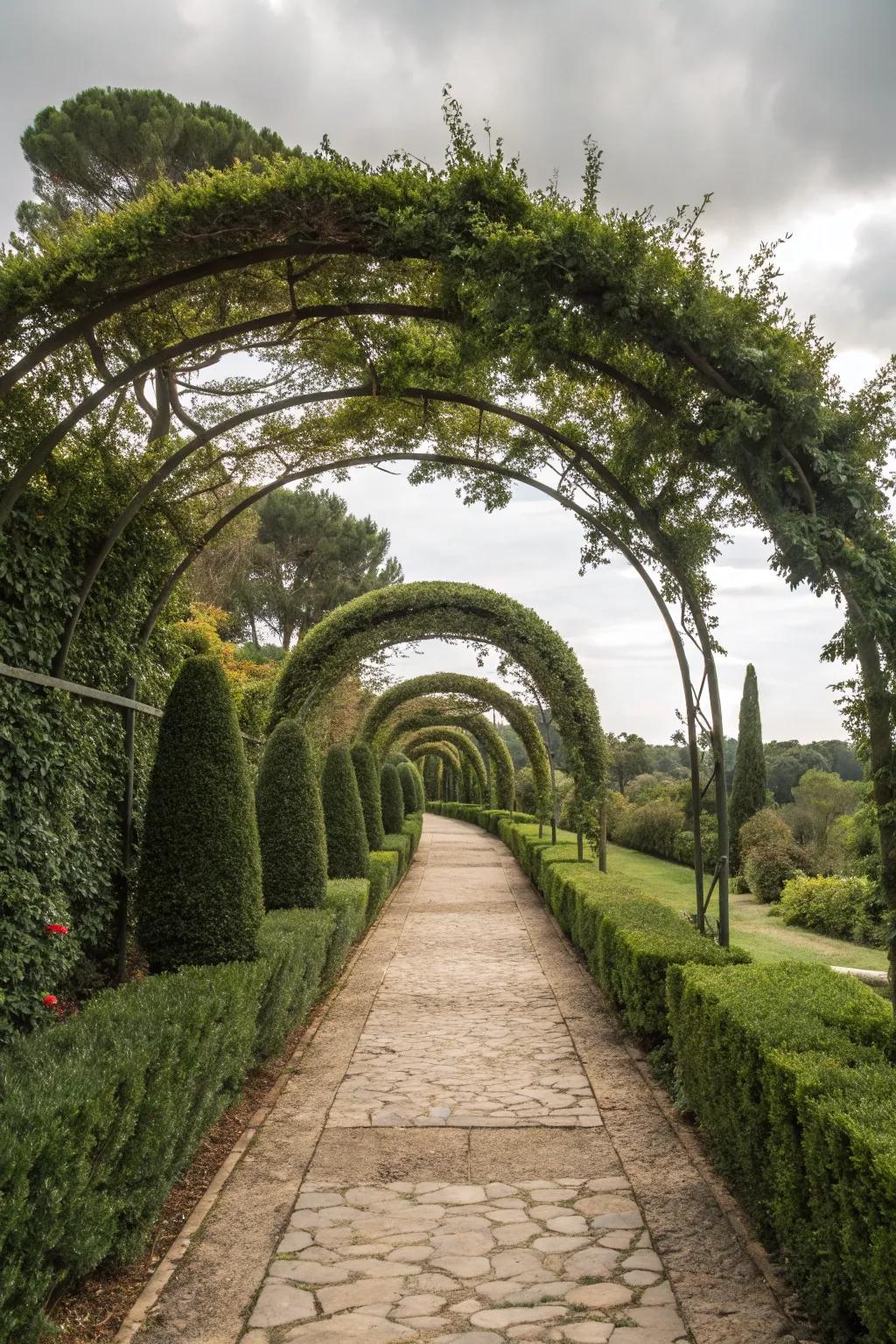 Arched topiary forming a green tunnel over a garden path.