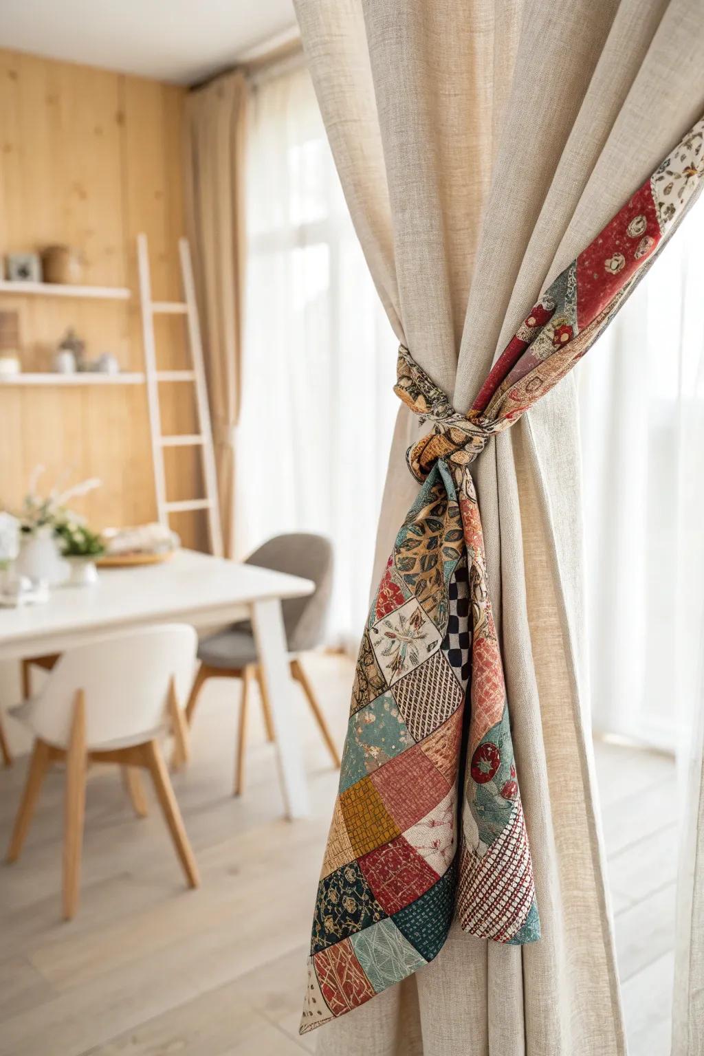 Transform your curtains with a touch of eco-friendly elegance using patchwork tie-backs made from fabric scraps.