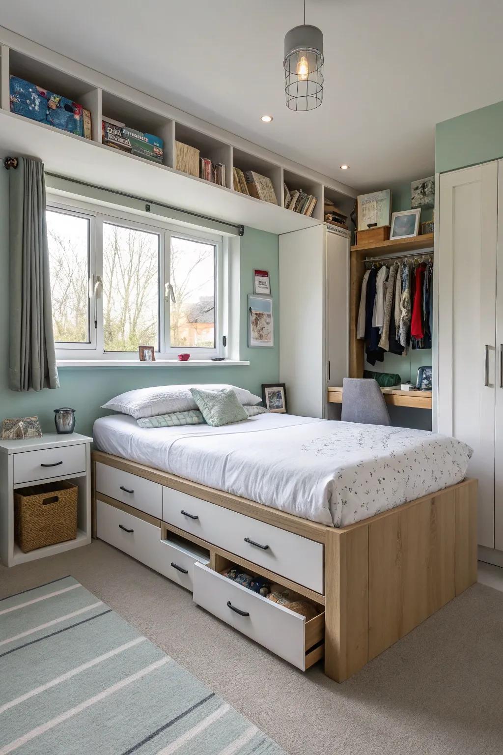 Multi-functional furniture maximizes space and adds practicality to this townhouse bedroom.