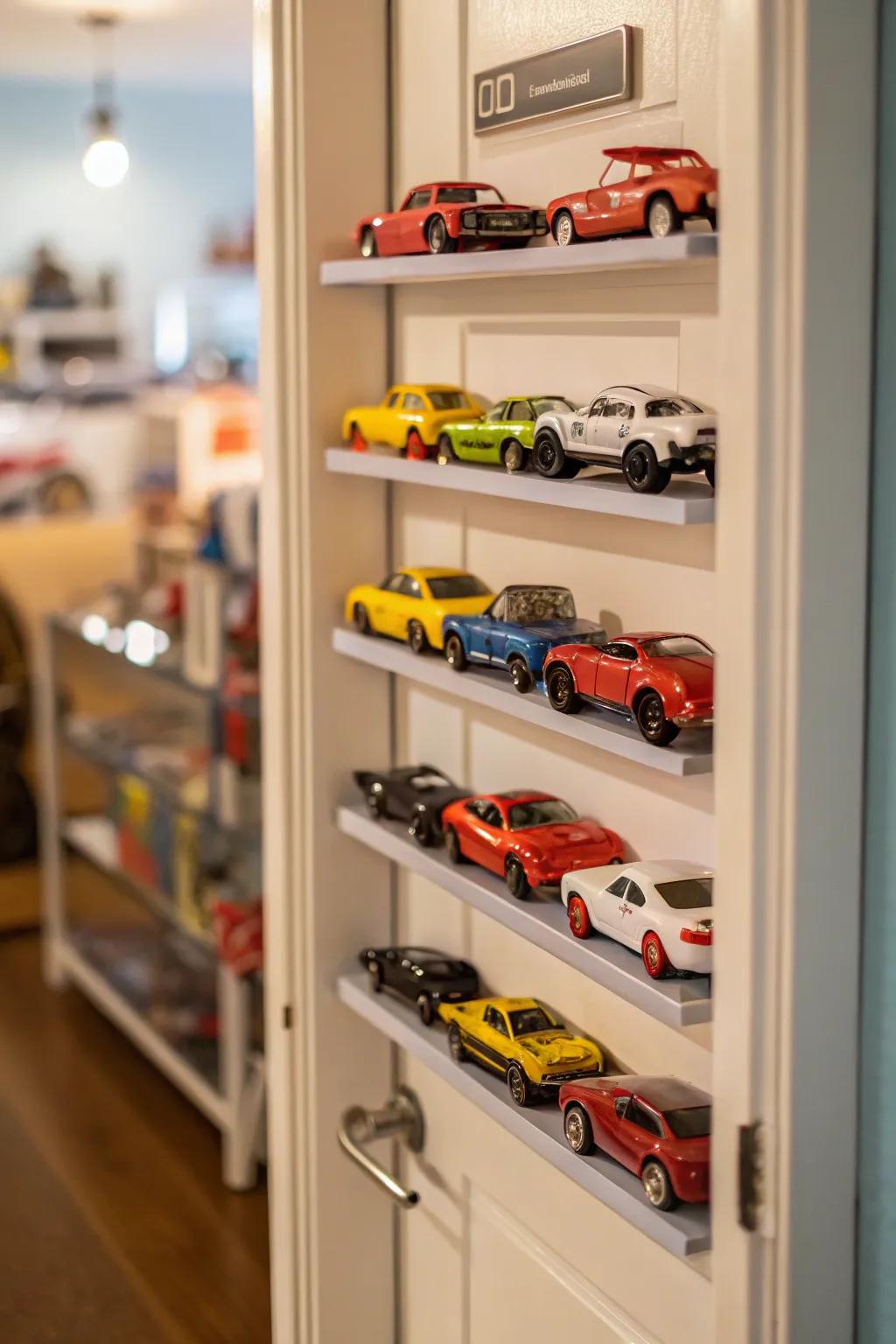 A creative use of door space for displaying toy cars.