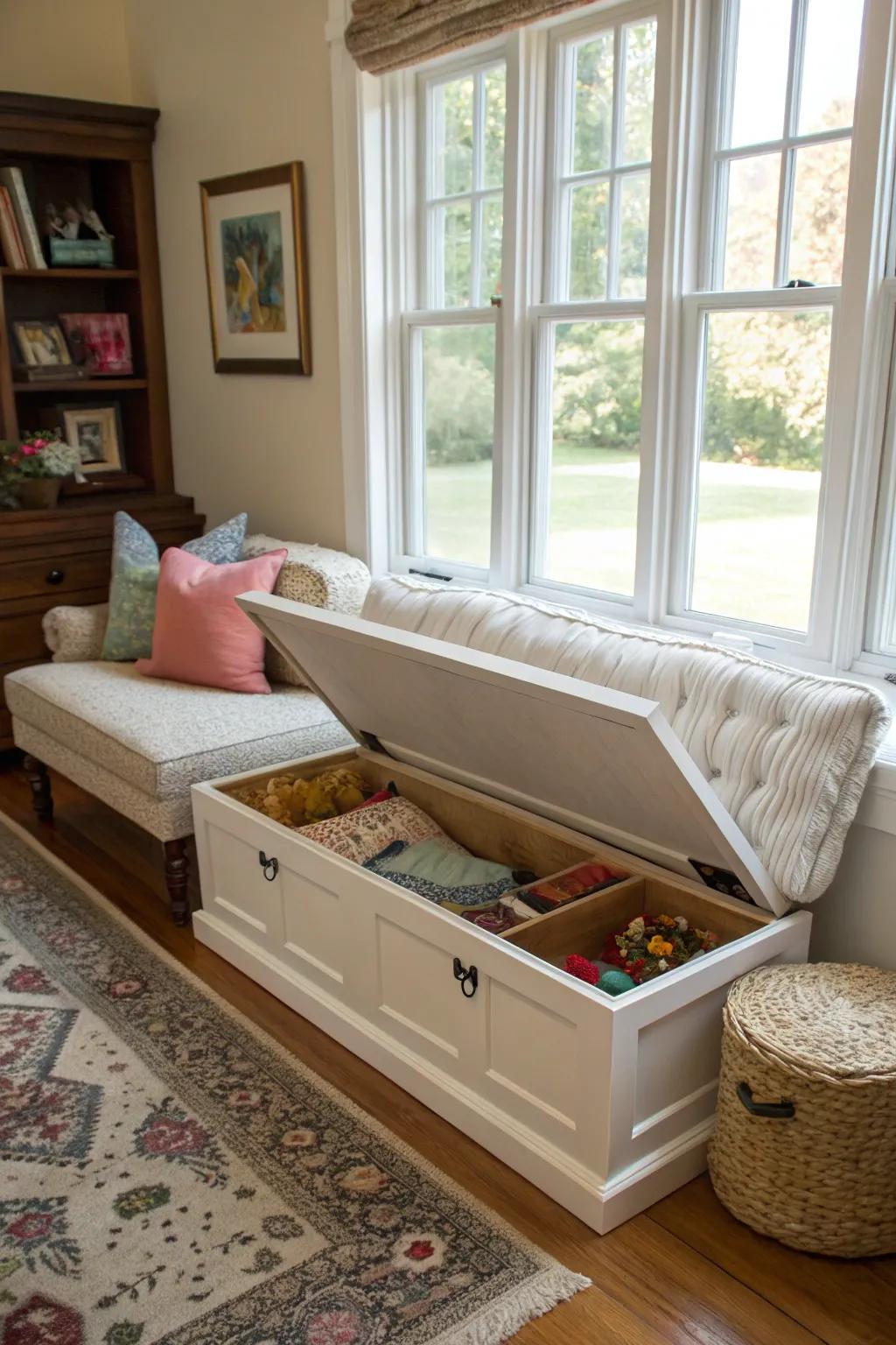 A bench with hidden storage offers style and function.