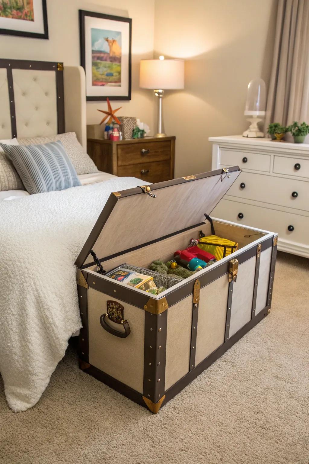 Trunk used as a stylish and functional toy chest.