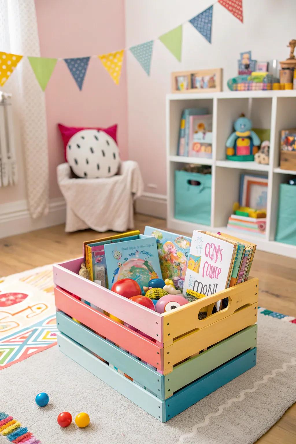 A colorful crate toy box adds fun and function to any playroom.