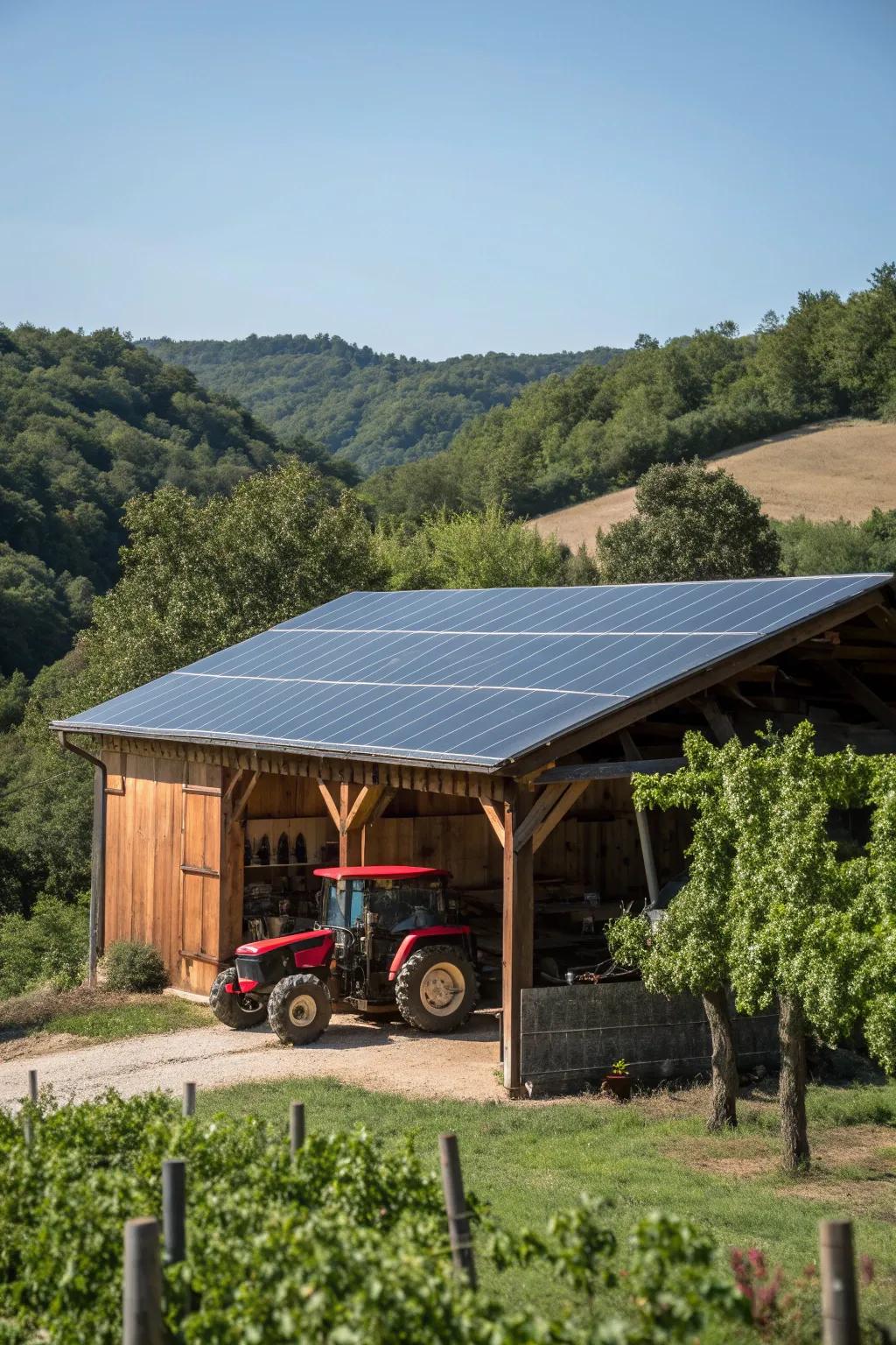 Harness the power of the sun with sleek solar panels on a beautifully crafted tractor shed. Sustainable energy meets timeless design.