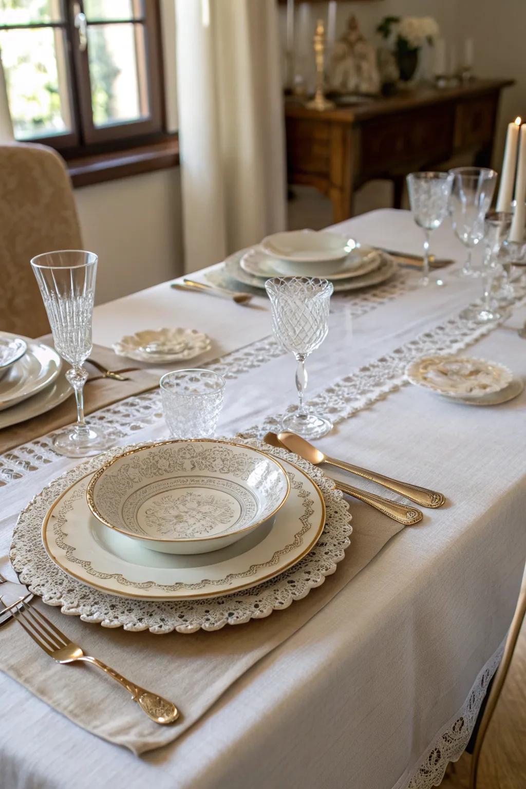 Layered table linens add depth and luxury to the dining table.