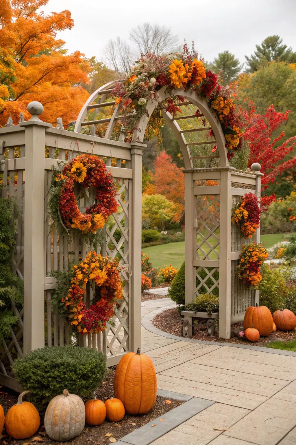 Seasonal decor adds charm to a trellis arbor.