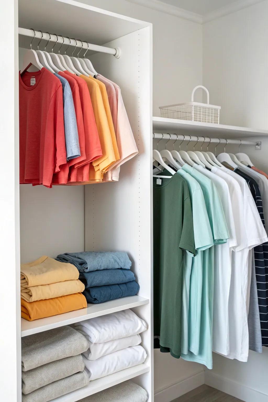 A minimalist closet featuring a capsule wardrobe of t-shirts.