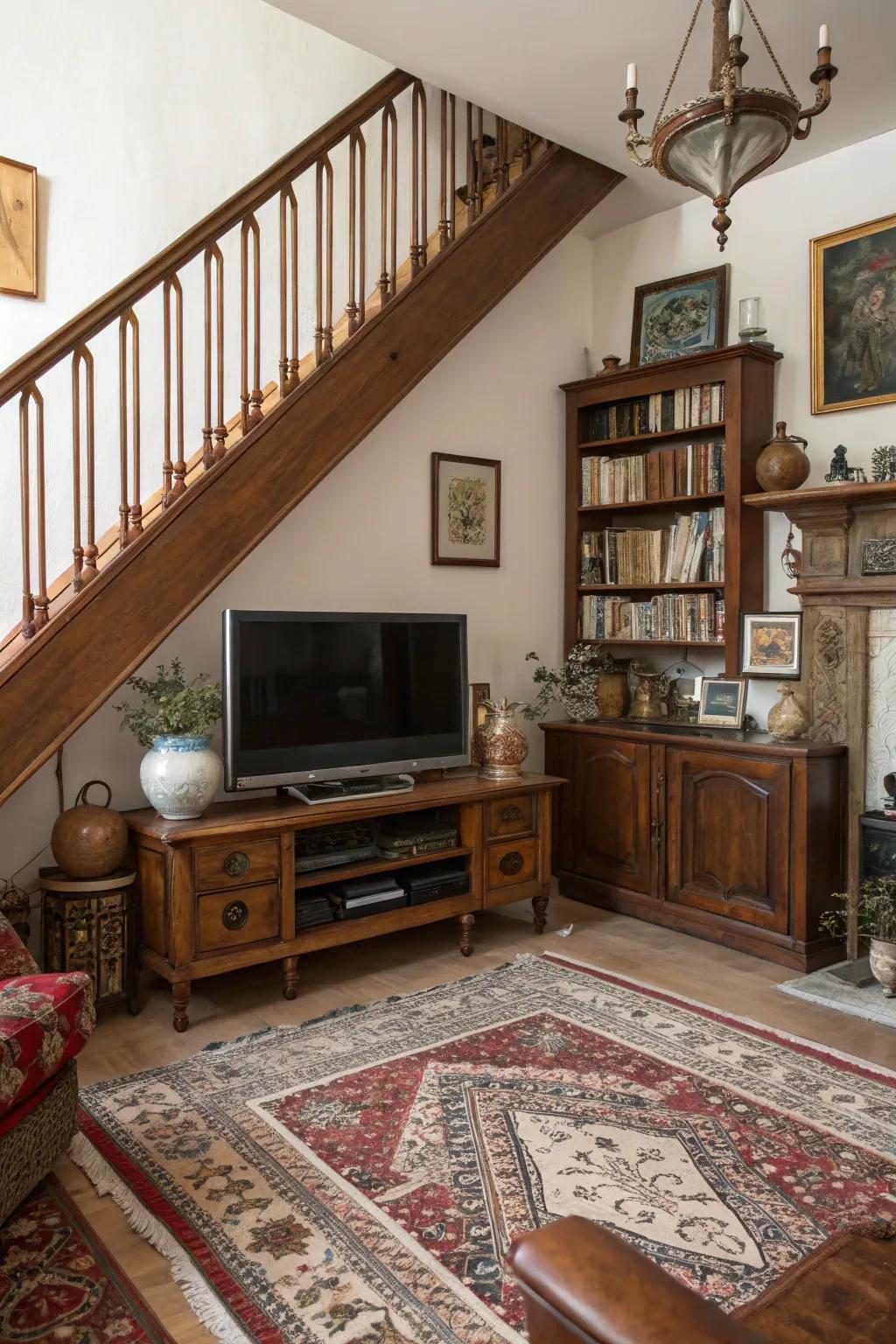 A vintage-inspired corner with a TV unit under the stairs.