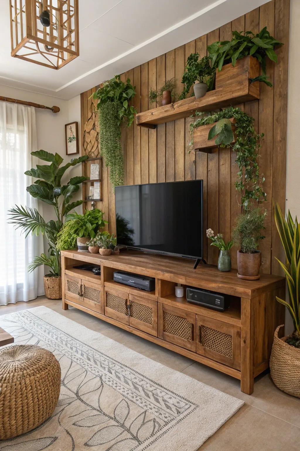 Natural elements like plants and wood soften your TV wall.