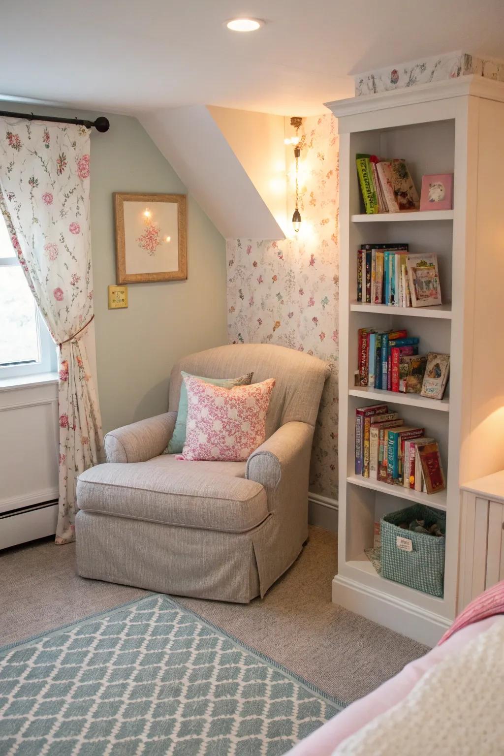 A reading nook adds tranquility to the twin bedroom.