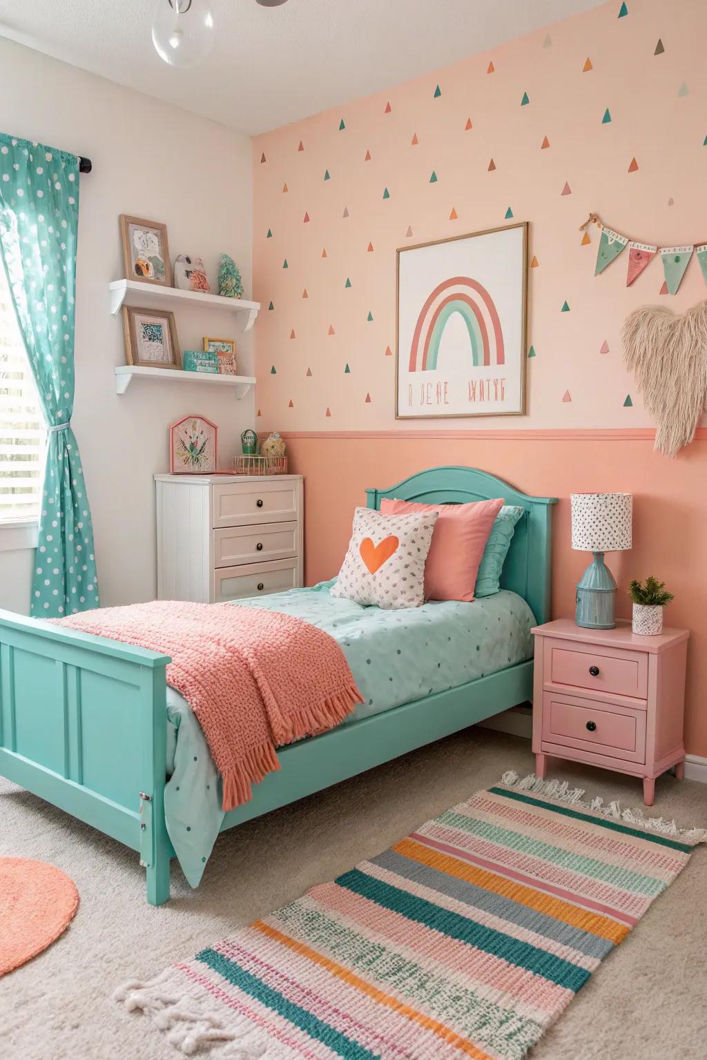 A lively and whimsical two-tone bedroom in peach and teal.