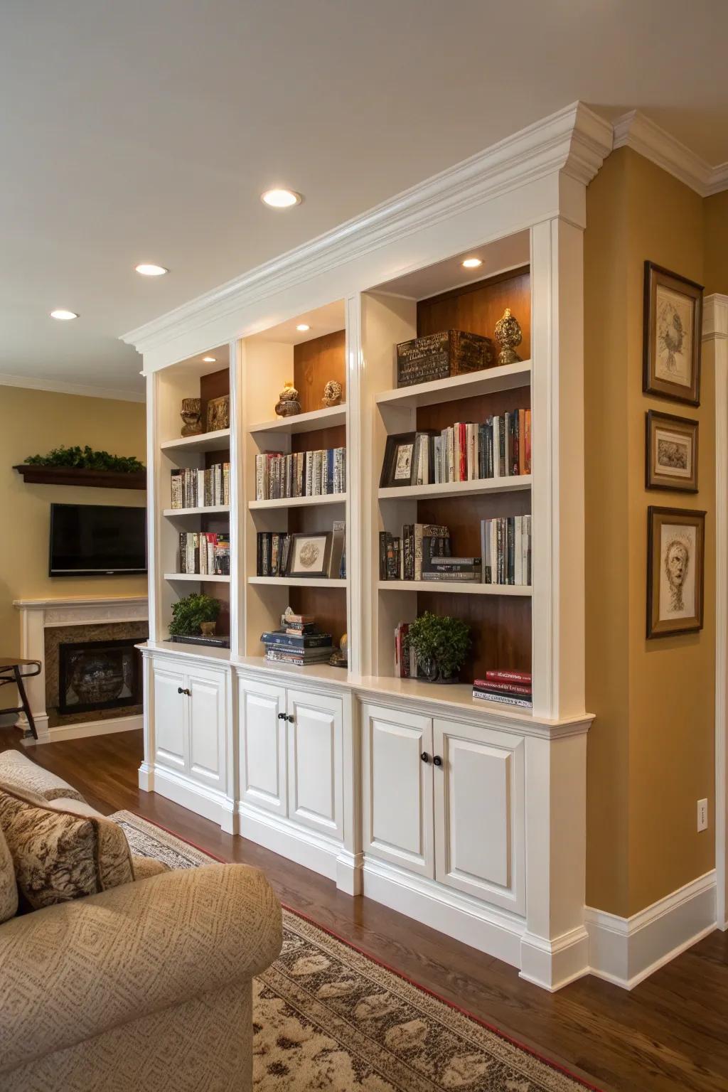 A living room where built-in shelves are highlighted by two-tone paint.