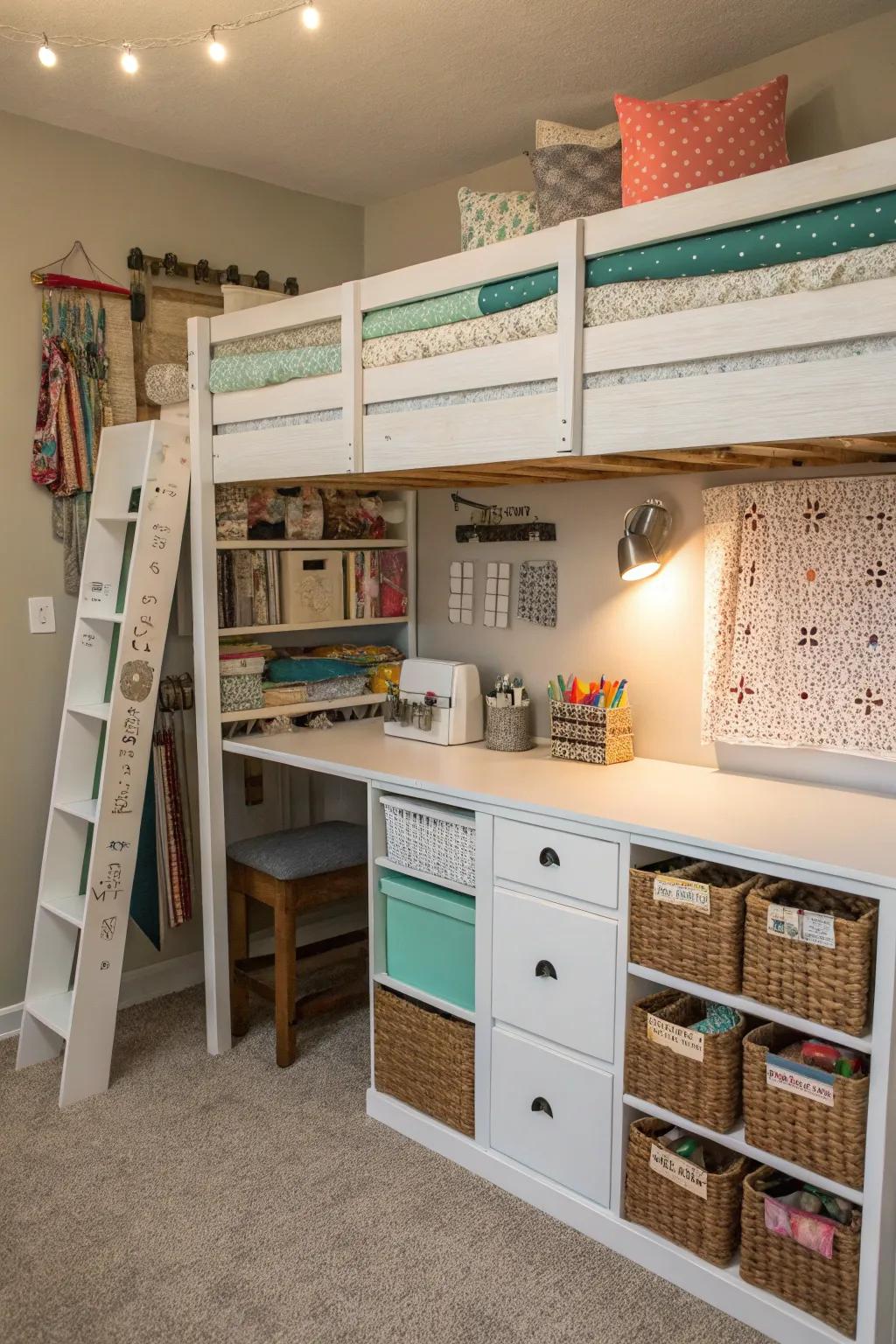 A creative sewing area beneath a loft bed.