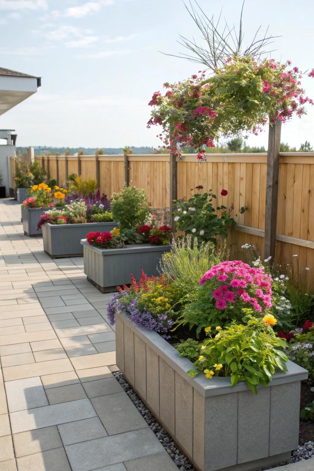 Elevated planters define spaces and add vibrant greenery to uneven patios.