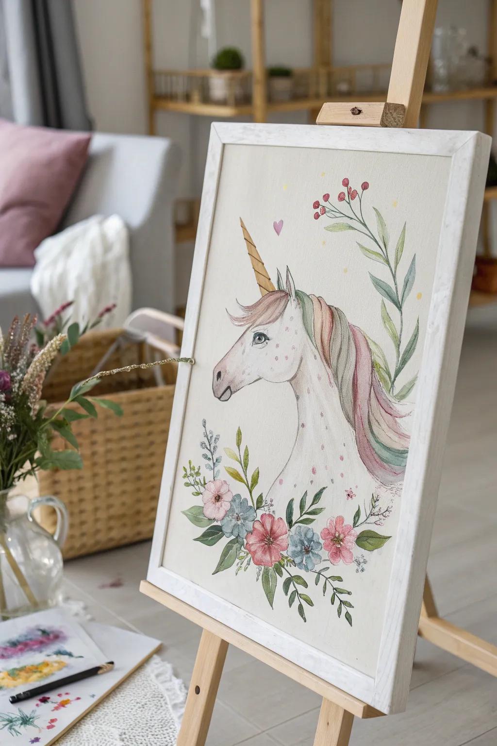 Enchant your child's imagination with a nature-inspired unicorn painting that brings fantasy to life with simplicity and elegance.