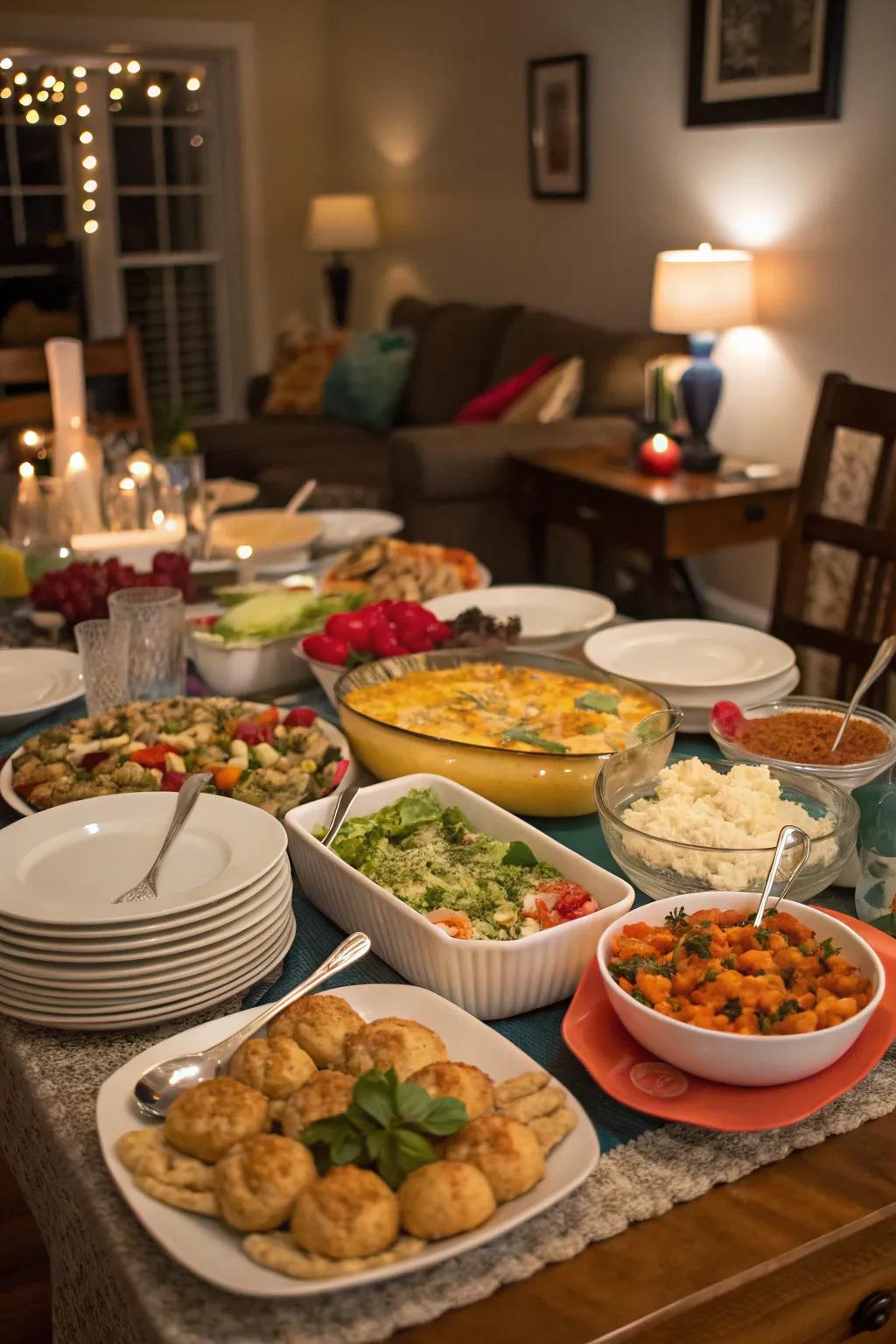 Enjoy a diverse culinary experience with a potluck dinner party.